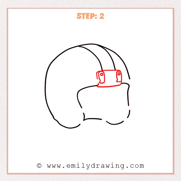 how to draw a football helmet - A football helmet drawing with a front rectangular mount plate, side notches, and two small screw holes above the face opening.